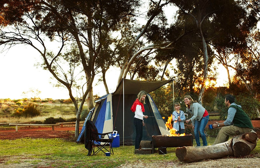 A family roasting marshmallows while camping