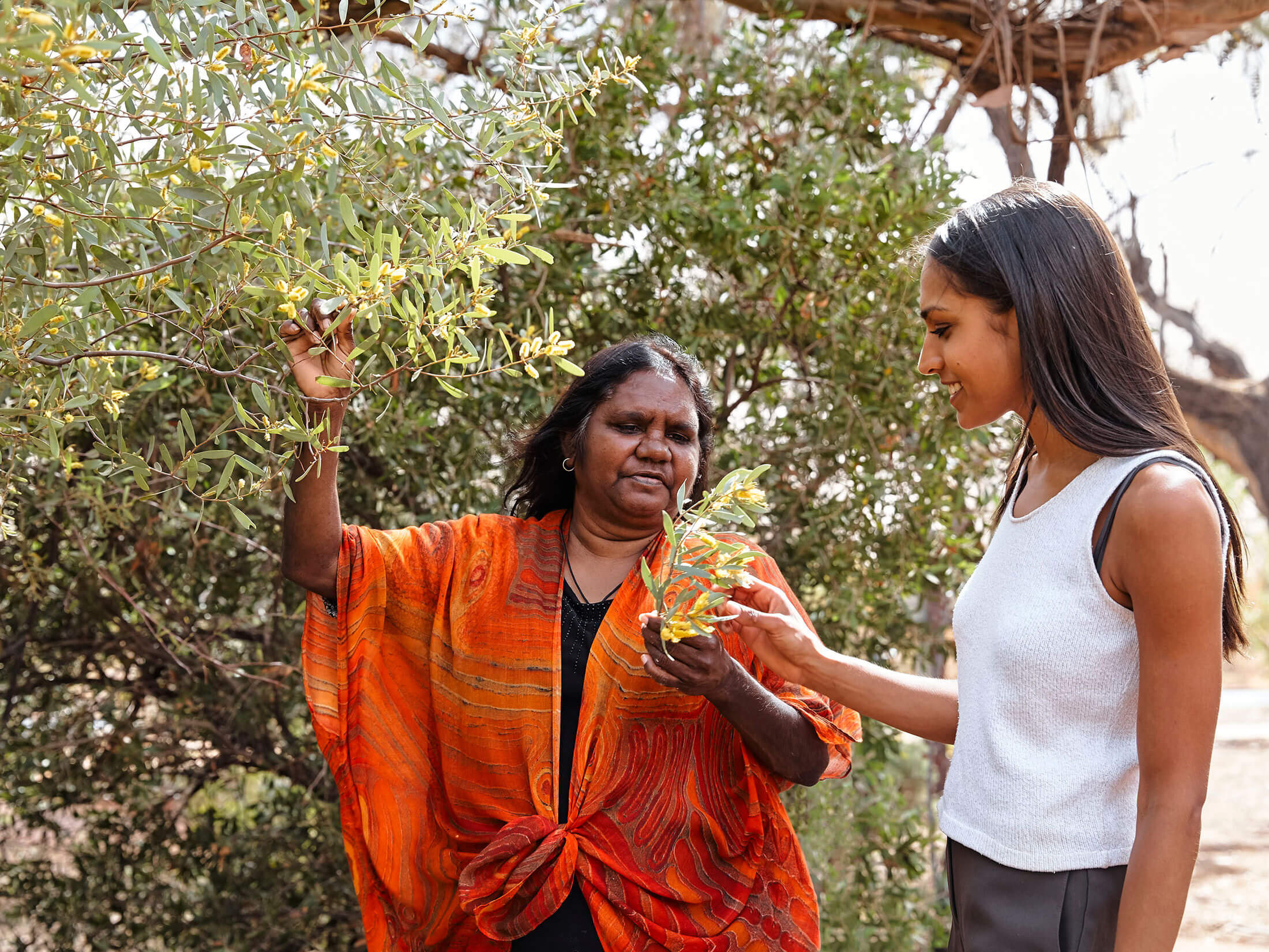 two women study a plant